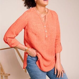 Women’s Talbots 100% Linen Orange Coral Popover Tunic Pocket Accents Size M